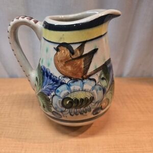 Vintage Tonala Mexican‎ Pottery Pitcher Floral Birds Hand-Painted 6.5" Signed